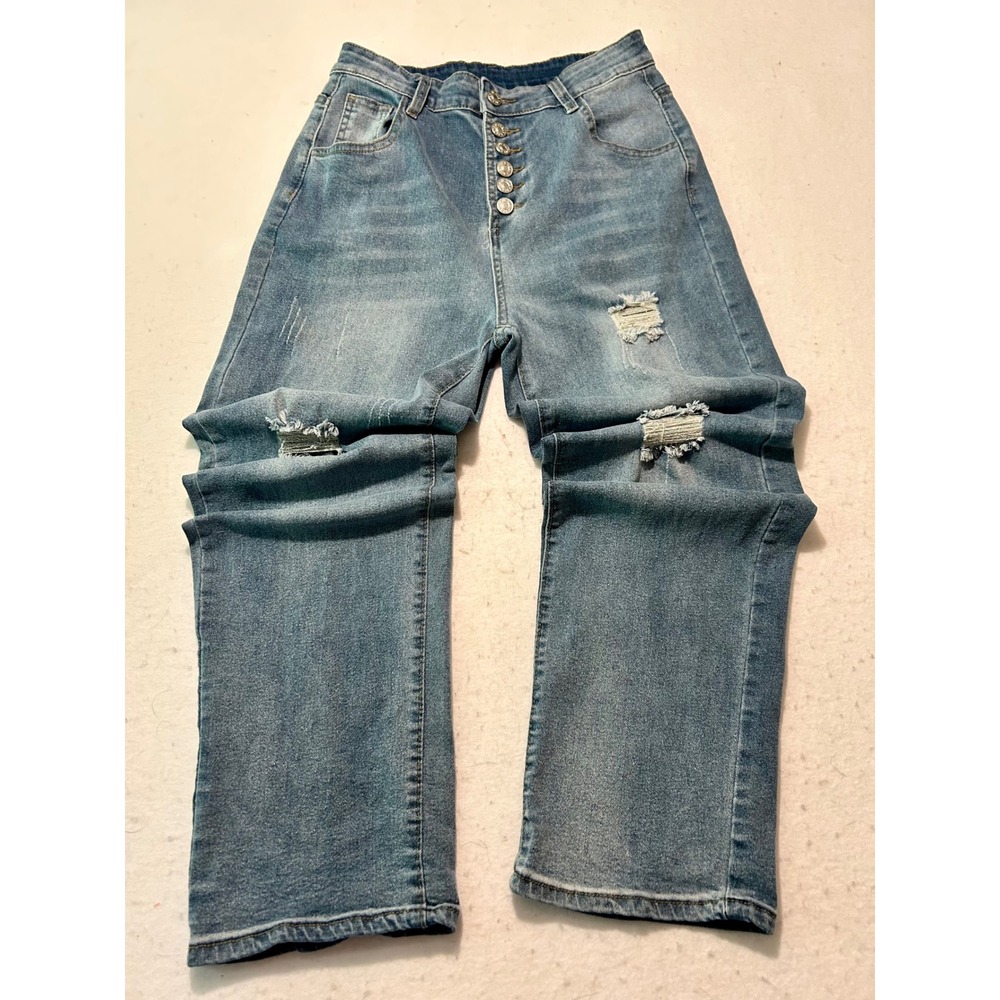 Distressed High Rise Straight Leg Jeans Medium Wash Button Fly Size L